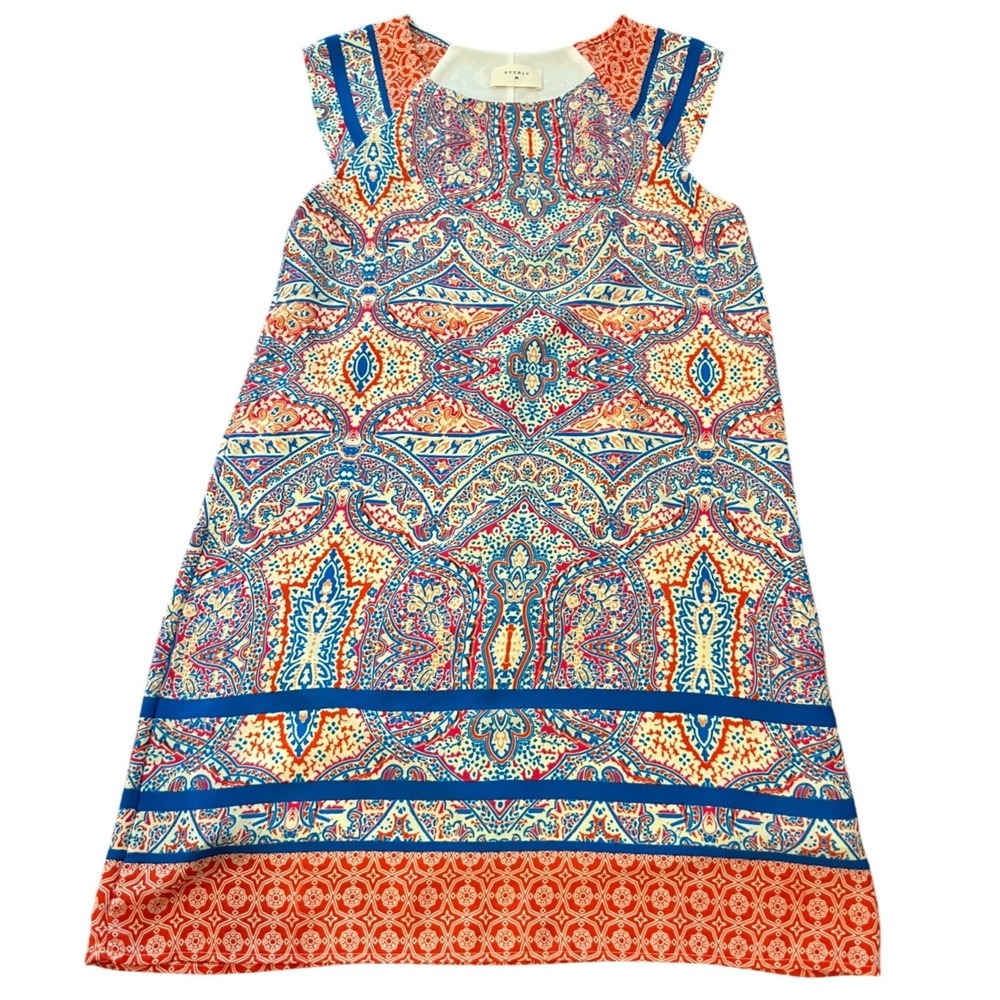 Everly Boho Shift‎ Dress Small Red Blue Print Sleeveless Lined USA Made